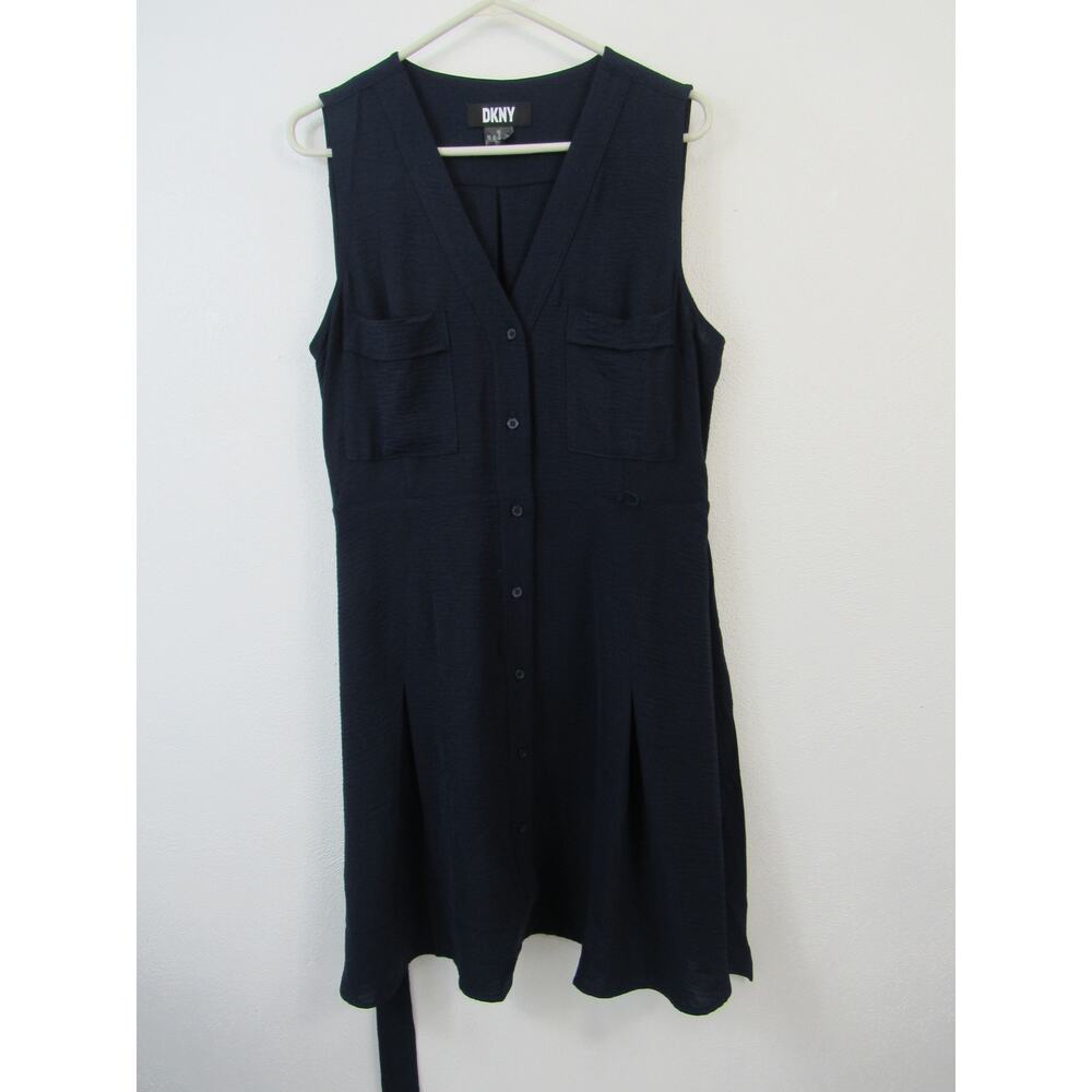DKNY Size 16 Sleeveless Navy Blue Button Down Shirt Dress Mini Belted V Neck - Picture 5 of 8